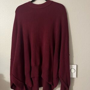Free People Loose Ribbed Scoop-Neck Sweater in Burgundy